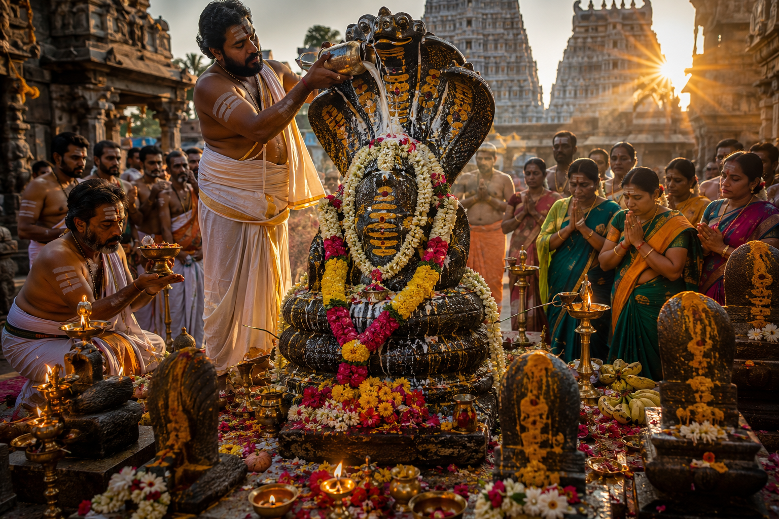 Vedic priests performing Ganga Pooja rituals